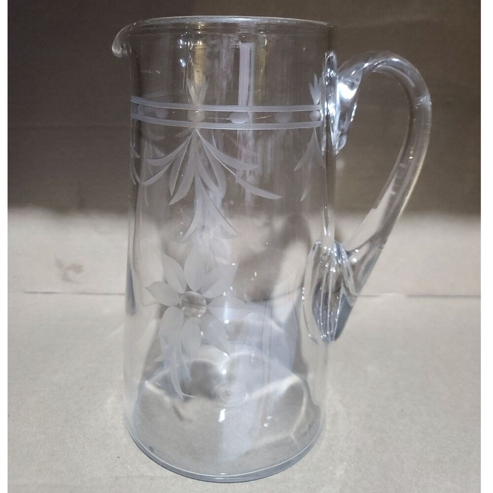 Hand-Blown Clear Crystal Water Pitcher Etched Flowers‎ & Leaves Applied Handle - Picture 6 of 10